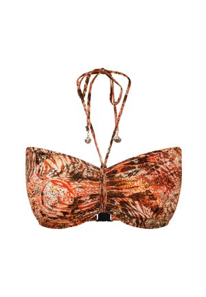 Printed bikini top in shades of orange and brown, featuring a strapless design, tie-back closure, and decorative shell accents.