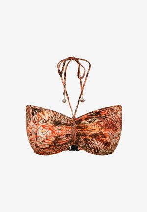 Geprinte bikini-top in tinten van oranje en bruin, met een strapless ontwerp, een striksluiting op de rug en decoratieve schelpaccenten.