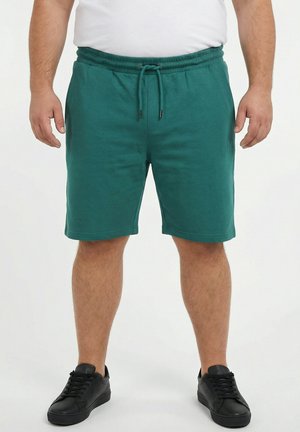 Uomo che indossa pantaloncini verdi con coulisse, maglietta bianca e scarpe da ginnastica nere, in piedi davanti a uno sfondo chiaro e uniforme.