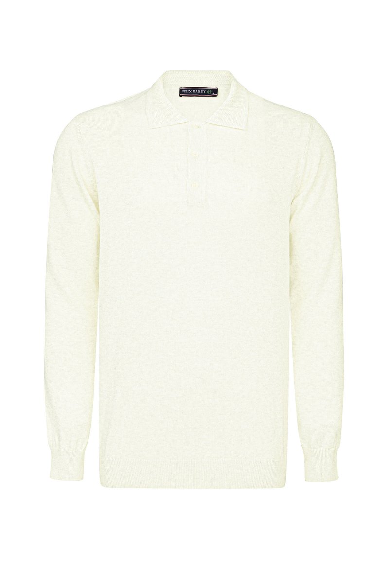 Langarm-Polo in hellcreme Farbe, aus weichem Textilgewebe, mit einem Kragen-Ausschnitt, einer dreiknöpfigen Leiste und gerippten Bündchen.