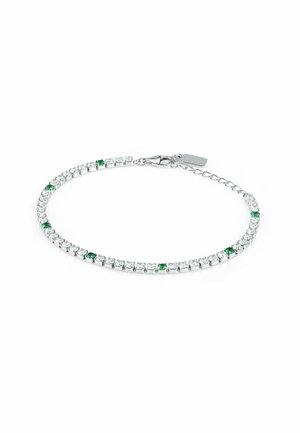 Silbernes Tennisarmband mit klaren und grünen Edelsteinen, Karabinerverschluss und verstellbarer Kette auf weißem Hintergrund.