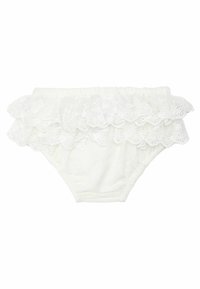 Weißer Baumwollwindelüberzug mit einem Rüschensaum um die Taille, der eine weiche Textur und einen elastischen Taillenbund für zusätzlichen Komfort bietet.