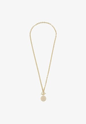 Gold-tone necklace with a layered chain design and circular pendant. Pendant features a smooth finish and a center ring accent.