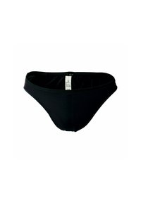 Slip da uomo neri con etichetta taglia media all'interno del girovita, esposti su sfondo bianco.