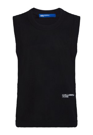 Maglione nero senza maniche, con texture a coste e scollatura rotonda, presenta un piccolo logo bianco in basso a destra. Design liscio e aderente.