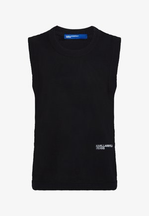 Črni brezrokavnik z rebrasto strukturo, okroglim izrezom in majhnim belim logotipom na spodnjem desnem delu. Gladek, oprijet kroj.