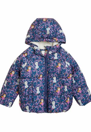 Veste matelassée bleue à capuche pour enfants avec imprimés floraux colorés et personnage de fille animée, fermeture éclair à l'avant et poches à boutons-pression.