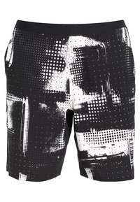 Schwarze Shorts mit einem grafischen Druck aus abstrakten Formen, Punkten und Spritzern in Weiß. Hergestellt aus leichtem Material mit einem elastischen Bund.