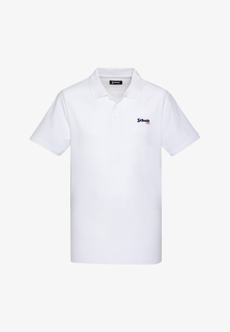 Polo shirt blanc à manches courtes avec col, trois boutons et petit logo "Schott N.Y.C." brodé sur la poitrine gauche.
