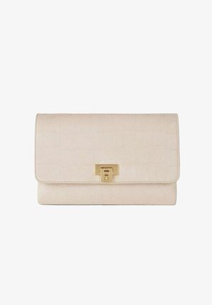 Borsa a mano color crema con texture coccodrillo e chiusura rettangolare dorata al centro davanti.
