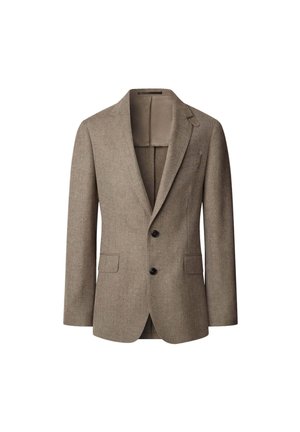 Brown textured blazer with two buttons, notched lapels, and two front pockets. Soft interior lining, tailored design suitable for formal wear.