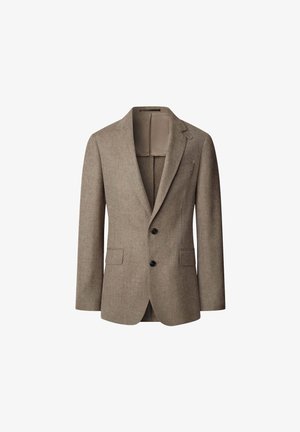 Blazer marrone con texture, due bottoni, revers e due tasche frontali. Fodera interna morbida, design sartoriale adatto per abbigliamento formale.