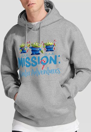 Gray hoodie with a front pocket. Features a graphic of three aliens holding candy canes and the text “MISSION: Winter Adventures” in blue.