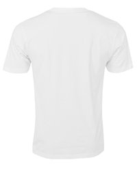 Hvid bomulds T-shirt med rund halsudskæring og korte ærmer, der har en glat overflade og en lige kant. Kun bagfra.