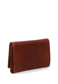 Bruine leren portemonnee met een zachte textuur, bi-fold ontwerp en nette stiksels. Voorzien van meerdere kaartsleuven en een veilige sluiting.
