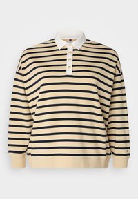 Gul och marinrandig tröja med vit krage, som har en treknapps placket och ribbade manschetter och mudd. Mjuk tygtextur.