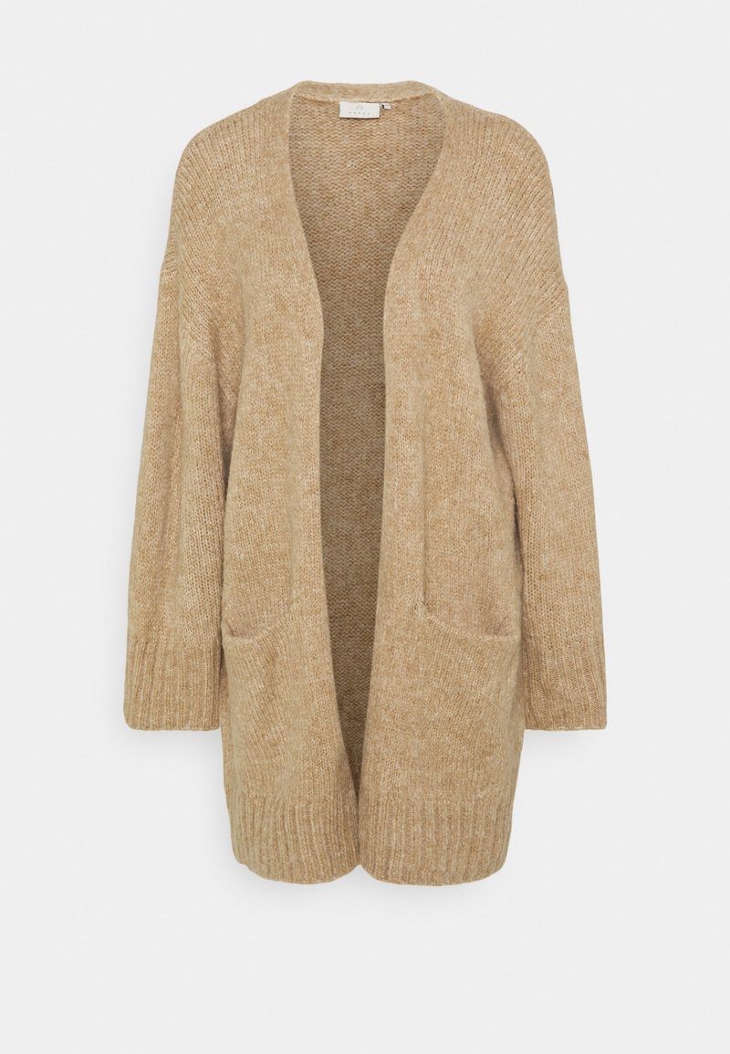 Beige neulecardigan, jossa on avointa etuosaa, pitkät hihat ja kaksi etutaskua. Tässä on ribbaatatut hihansuut ja helma, pehmeä materiaalituntuma.