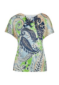 Korte mouwen top in een lichtgewicht stof met een blauw, groen en beige paisley patroon en een geknoopt detail bij de halslijn.