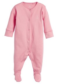 Body in cotone rosa per bambini con maniche lunghe, chiusura a bottoni a pressione, design con piedi e un piccolo logo a forma di giraffa sul petto. Texture liscia.