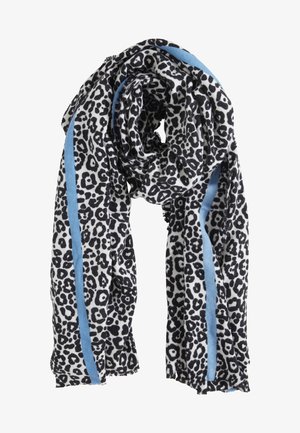 Écharpe imprimé léopard noir et blanc avec des rayures verticales bleu clair, tissu doux, pliée de manière lâche.