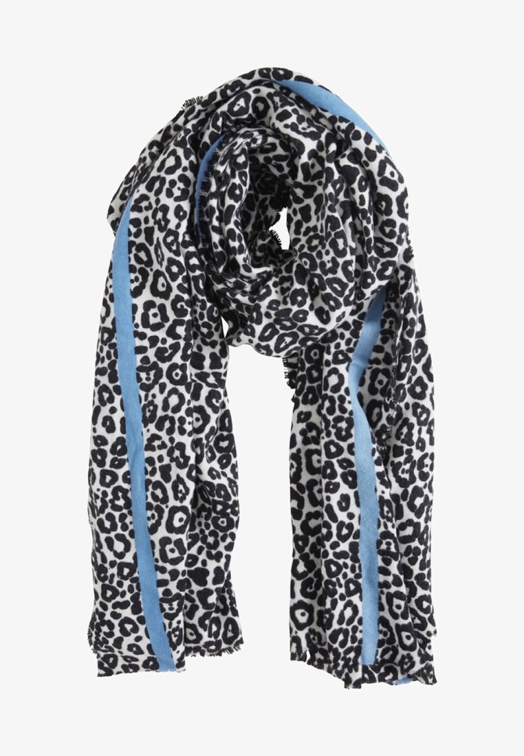 Écharpe imprimé léopard noir et blanc avec des rayures verticales bleu clair, tissu doux, pliée de manière lâche.