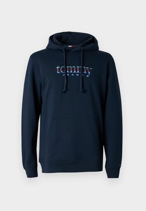 Felpa con cappuccio blu navy in cotone, dotata di tasca frontale, cappuccio con cordino e logo "tommy" in lettere multicolori sul petto.