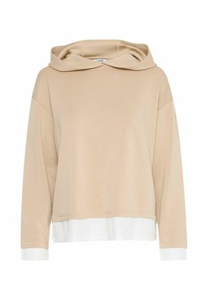 Sweatshirt beige à capuche avec un design court, des manches longues, un ourlet superposé blanc, une texture lisse et des détails de couture minimaux.