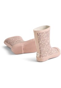Paar rosa Kinder-Gummistiefel mit Blumenmuster und strukturierten Sohlen, ein Stiefel steht aufrecht, der andere liegt auf der Seite.