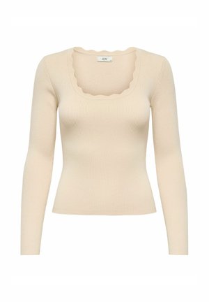 Light beige ribbed long-sleeve top with a scalloped neckline and fitted design, made from a soft material.