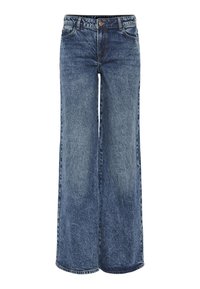 Platus džinsai, pagaminti iš išblukusio mėlyno džinsinio audinio, su mygtukų užsegimu, diržo kilputėmis ir priekinėmis kišenėmis. Paviršius atrodo nusidėvėjęs.