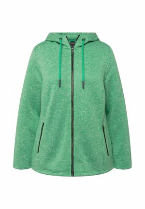 Sudadera verde hecha de tejido texturizado, con un zipper frontal, dos bolsillos laterales y cordones verdes de contraste.