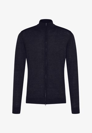 Dunkelgraue Zip-Jacke mit hohem Kragen, langen Ärmeln und glatter Textur. Verfügt über einen durchgehenden Reißverschluss und eng anliegende Bündchen.