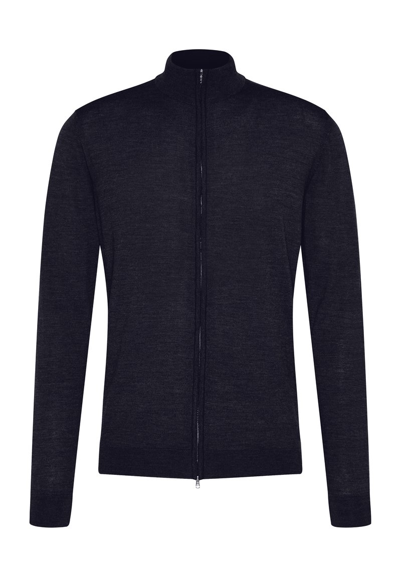 Dunkelgraue Zip-Jacke mit hohem Kragen, langen Ärmeln und glatter Textur. Verfügt über einen durchgehenden Reißverschluss und eng anliegende Bündchen.