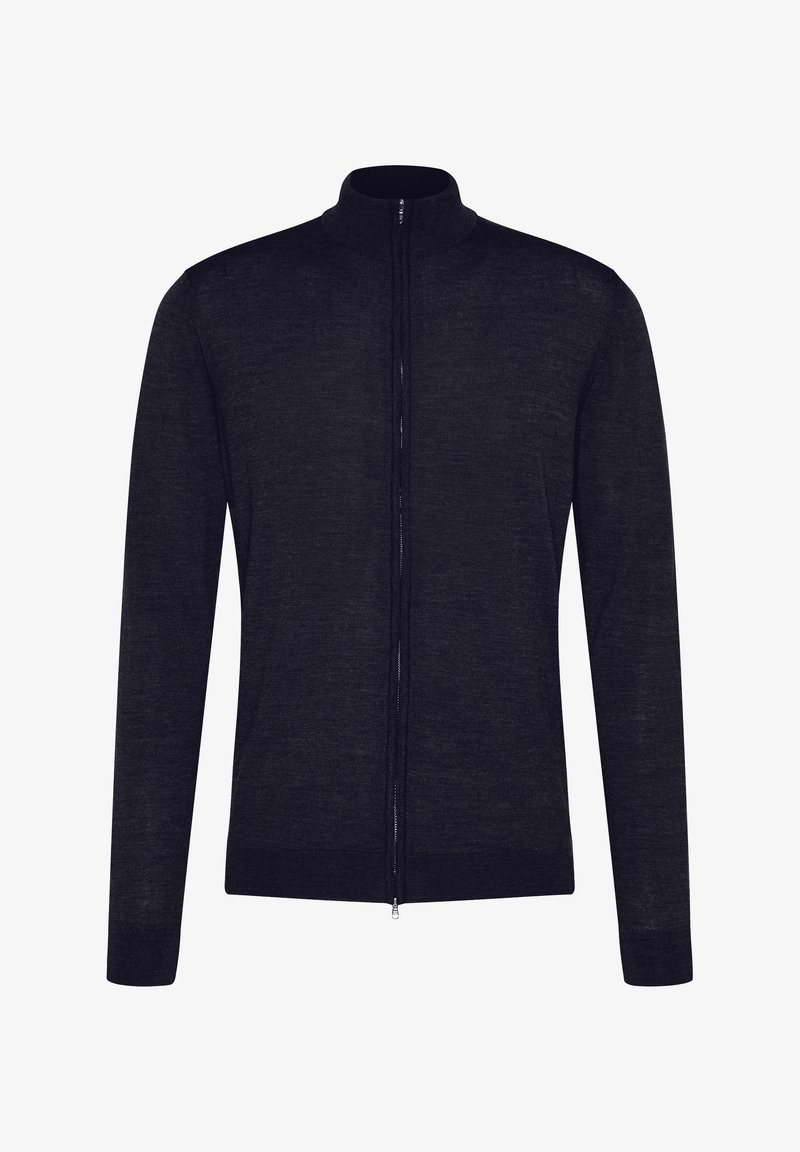 Dunkelgraue Zip-Jacke mit hohem Kragen, langen Ärmeln und glatter Textur. Verfügt über einen durchgehenden Reißverschluss und eng anliegende Bündchen.