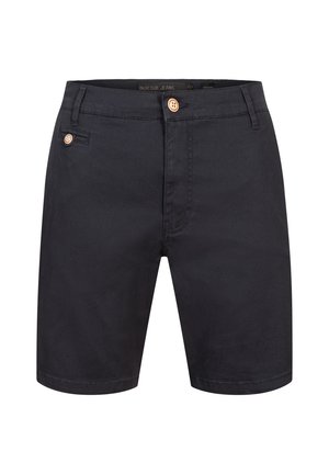 Schwarze Baumwollshorts mit einem Knopfverschluss, seitlichen Taschen und geradem Schnitt. Glatte Textur; keine sichtbaren Muster oder Akzente.