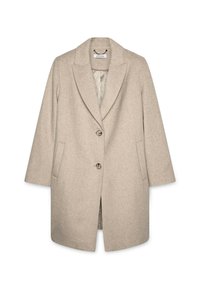 Abrigo de mezcla de lana color beige con cuello con muescas, cierre de botón de un solo pecho, dos bolsillos laterales y un forro interior estampado.