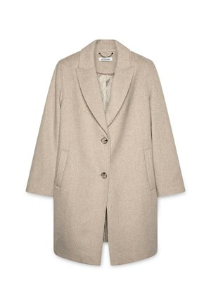 Beige Wollmischungsjacke mit Reverskragen, einreihiger Knopfverschluss, zwei Seitentaschen und einem gemusterten Innenfutter.