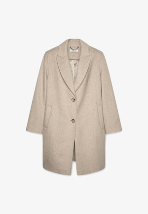 Beige Wollmischungsjacke mit Reverskragen, einreihiger Knopfverschluss, zwei Seitentaschen und einem gemusterten Innenfutter.