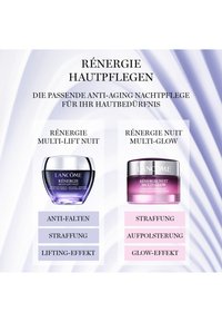 Zwei Lancôme Rénergie Nachtcremes mit deutschem Text: Multi-Lift Nuit bietet Anti-Falten-, straffende und liftende Wirkung; Multi-Glow bietet straffende, aufpolsternde und leuchtende Effekte.