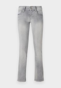 Grå denimjeans med en tettsittende design, lett utflaring i kanten, to frontlommer og knappeåpning. Utkledd tekstur gjennom hele.