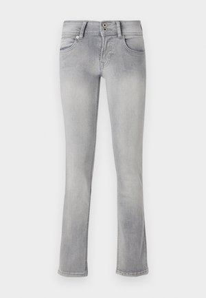 Jeans en denim gris avec une coupe ajustée, légèrement évasés à l'ourlet, deux poches avant et une fermeture à boutons. Texture délavée sur l'ensemble.