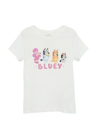 Witte kinder T-shirt met vier cartoon hondenkarakters en de tekst "BLUEY" in roze eronder op de voorkant.