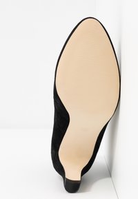 Chaussure en daim noir à bout pointu vue de la semelle, montrant une semelle beige lisse et un petit talon noir sur une surface blanche et un coin de mur.