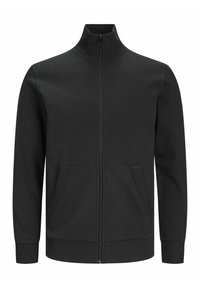 Sudadera negra con cremallera fabricada en un tejido suave. Presenta un cuello alto, dos bolsillos frontales y puños y bajo acanalados para un ajuste ceñido.