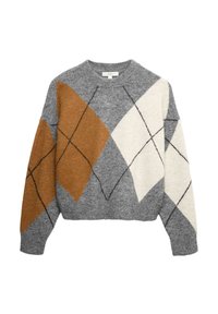 Gestrickter Pullover mit einem Argyle-Muster in Grau, Braun und Creme; runder Halsausschnitt; abfallende Schultern; weiche Textur; cropped Schnitt.