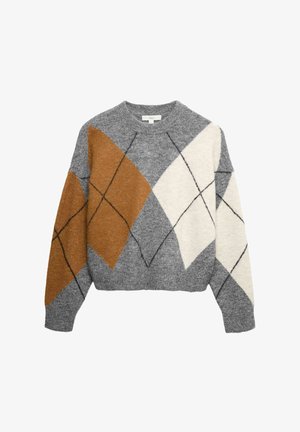 Gebreide trui met een ruitpatroon in grijs, bruin en crème; ronde hals; verlaagde schouders; zachte textuur; cropped pasvorm.