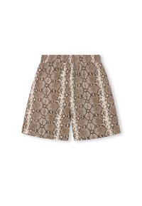 Pantalones cortos de estampado de serpiente en tonos marrón y beige con una cinturilla elástica, que presentan un ajuste holgado y una textura suave.