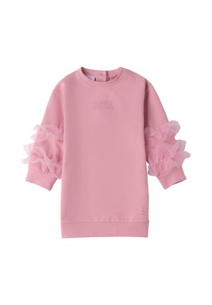 Robe rose à manches longues avec tissu transparent froncé aux manches, encolure ronde et "sweet & delicious" brodé sur la poitrine.