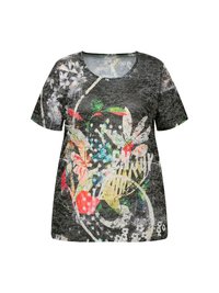 T-shirt à manches courtes en tissu doux ; présente une base noire texturée avec des motifs floraux colorés et des pois dans des teintes vives.