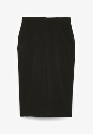Gonna nera fino al ginocchio con taglio dritto, due tasche frontali, dettagli di cucitura sottili e chiusura con bottone frontale.